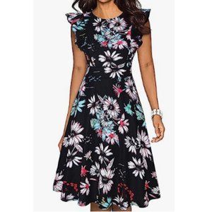 Women's Vintage Ruffle Floral Flared A Line Swing Casual Cocktail Party Dresses